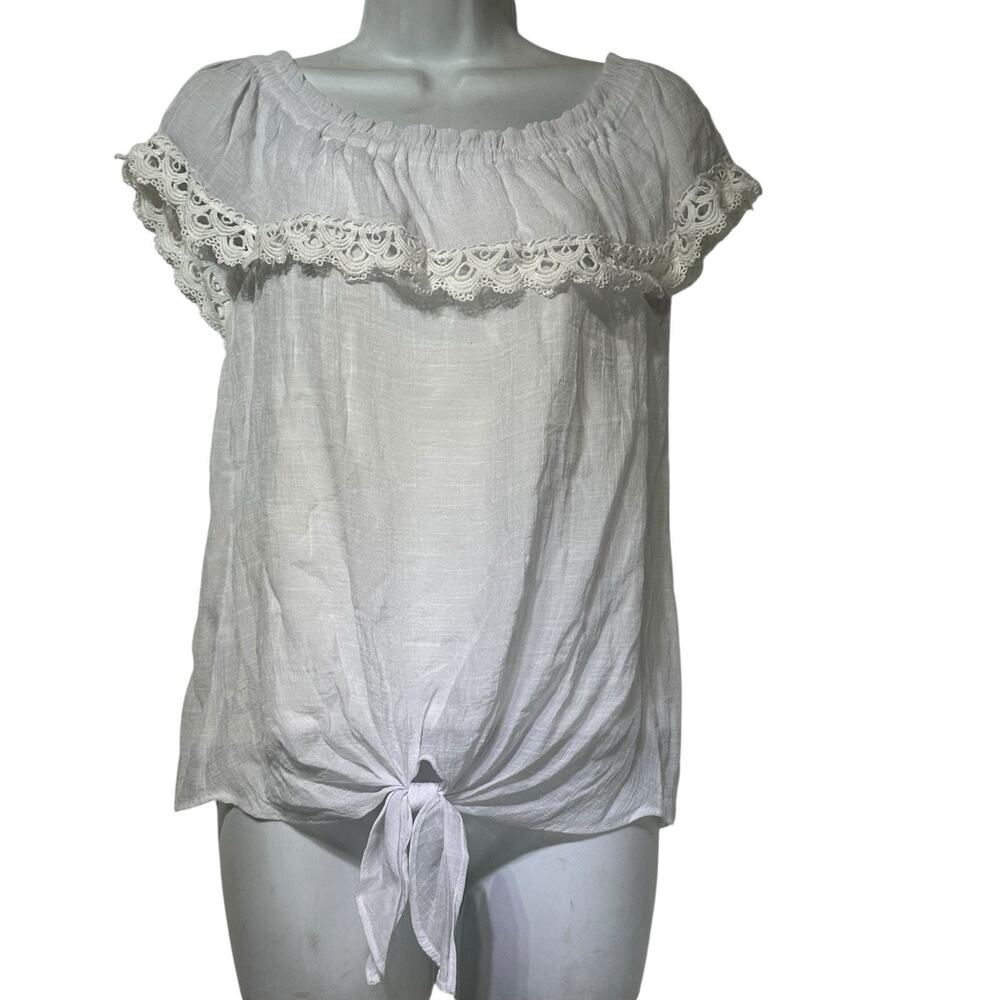 Thalia Sodi White Blouse Women’s Size S Lace Ruffle Tie Front Peasant Top